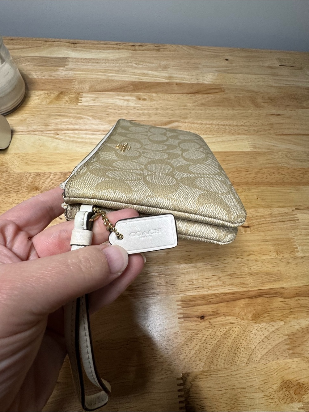 Coach Beige Signature Canvas Wristlet with Gold Logo - Picture 2 of 3